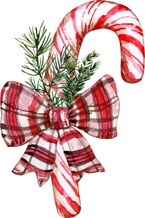 Candy cane with plaid ribbon and pine branch, watercolor illustration