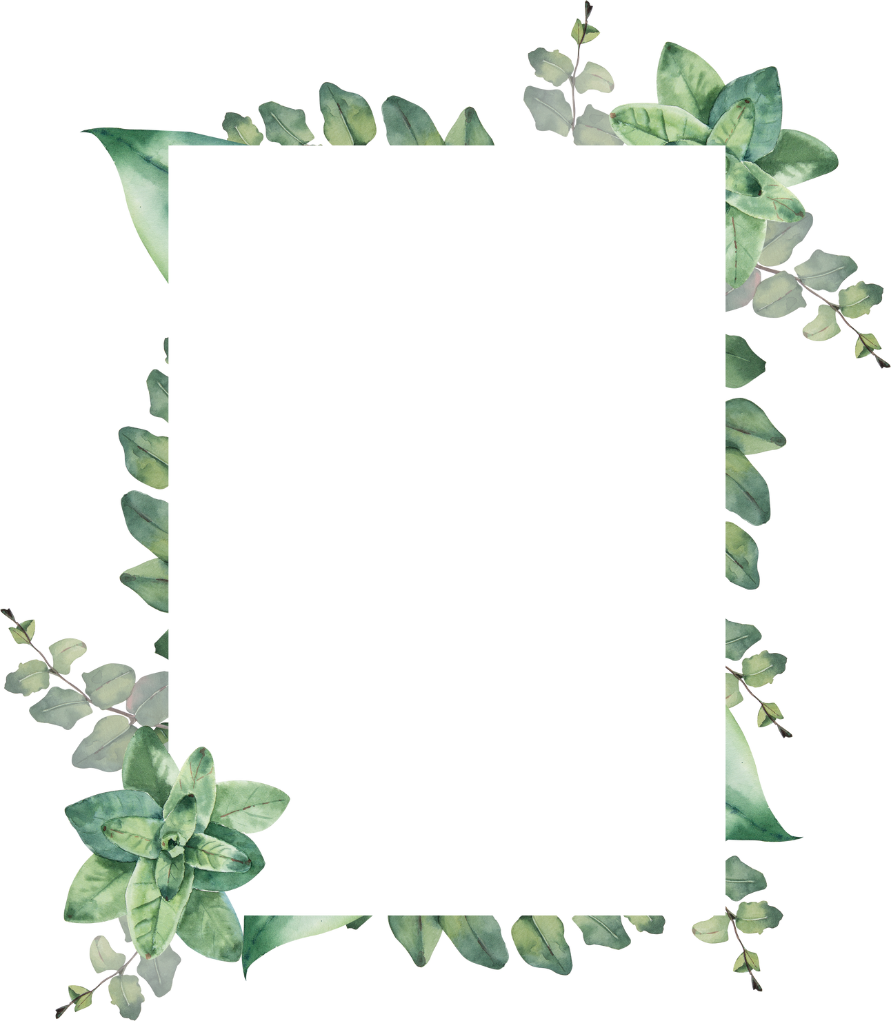 Watercolor Hand Drawn Green Leaves and Branches Frame